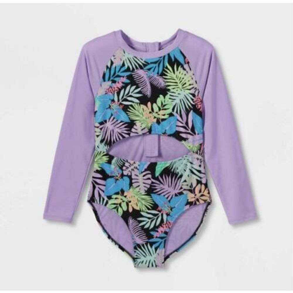 Girls Just Vibin One Piece Purple Pink Rash guard Swimsuit Art Class. Size XL